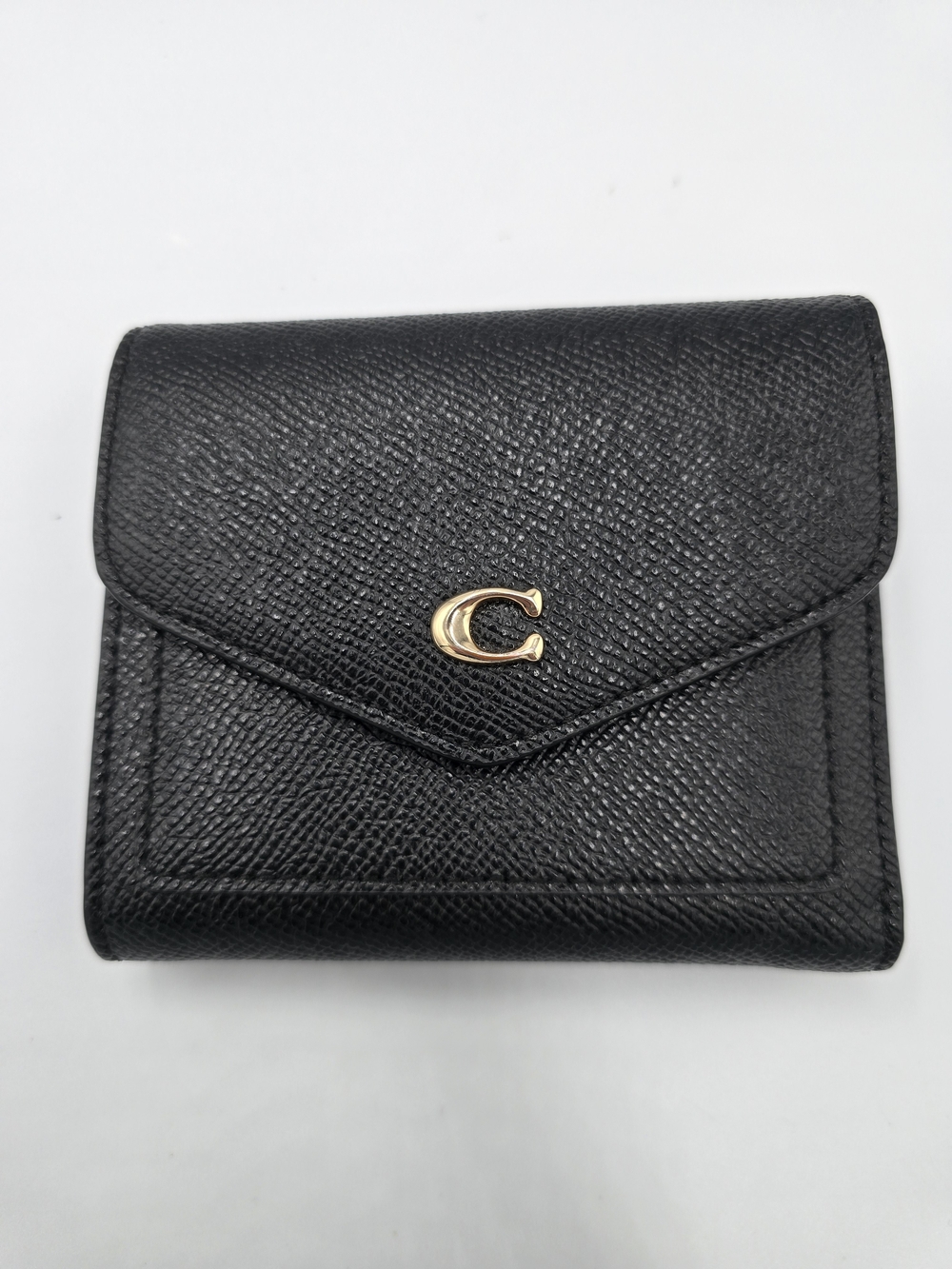 COACH C2328 Wyn Black Crossgrain Leather Small Trifold Snap Wallet Gold Accents